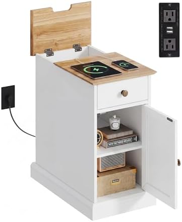 WLIVE End Table with Charging Station, Narrow Sied Table with Drawer & Cabinet, Side Table with Adjustable Shelf for Living Room/Bedroom, Farmhouse Nightstand with Hidden USB Ports and Outlets, White