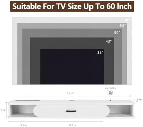 GHC Floating TV Stand, 65'' Wall Mounted TV Cabinet, Floating Shelves with Door, Media Console for DVD Player, Space-Saving Under TV Shelf for Living Room & Bedroom (White)