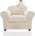 PrinceDeco Velvet Plush Couch Cover Stretch 2 Piece Chair Cover Chair Slipcover Washable Furniture Protector Couch Soft with Elastic Bottom Armchair Cover Width Up to 49 Inch(Small, Ivory)