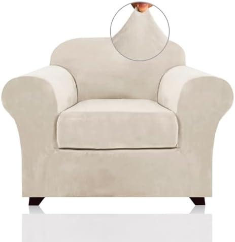 PrinceDeco Velvet Plush Couch Cover Stretch 2 Piece Chair Cover Chair Slipcover Washable Furniture Protector Couch Soft with Elastic Bottom Armchair Cover Width Up to 49 Inch(Small, Ivory)