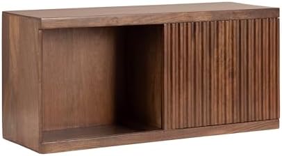 Kate and Laurel Furrow Modern Wooden Sliding Ribbed Door Wall Cabinet; 30 x 10 x 14; Black; Decorative Storage Cabinet with Sliding Door for Use as Floating Nightstand or Floating TV Shelf