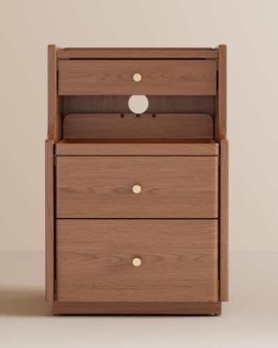 Solid Wood Narrow Nightstand with 3 Drawers,Walnut 15.7",Fully Assembled