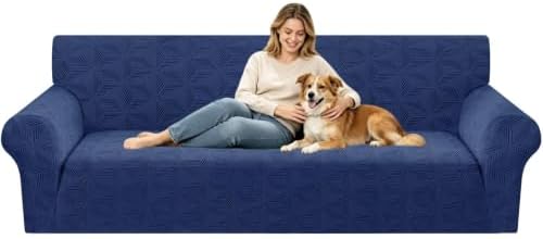 ZNSAYOTX Stretch Couch Cover, 1 Piece Oversized Sofa Covers for 3 Cushion Couch, Jacquard Sofa Slipcovers with Elastic Bottom Thickened Furniture Protector for Dog Cat Pet (X-Large, Navy Blue)