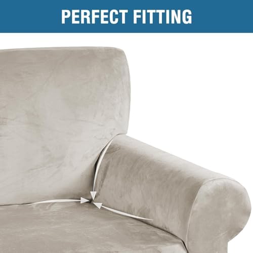 H.VERSAILTEX Stretch Velvet Sofa Covers for 3 Cushion Couch Covers Furniture Protector Soft with Non Slip Elastic Bottom, Crafted from Thick Comfy Rich Velour (Large Sofa 90"-97", Oatmeal)