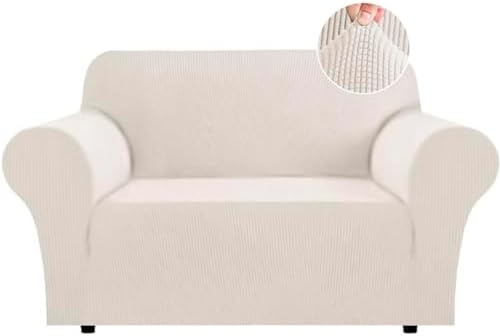 Flamingo P High Stretch Sofa Slipcover Non Slip Loveseat Covers for 2 Cushion Couch Washable Pet Furniture Protector Covers with Elastic Bottom, Thick Jacquard Fabric (Medium, Ivory)