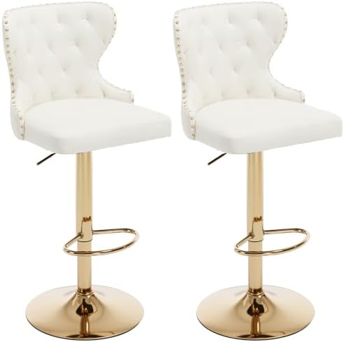 Set of 2 Adjustable Swivel Bar Stools,Faux Leather Upholstered Counter Height Chairs with Nailhead Trim, Gold Footrest, and High Back for Kitchen Island, Home Bar, Dining Room, Cafe,White