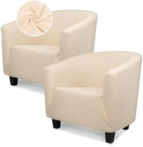 Barrel Chair Slipcovers, 2 Pack 1-Piece Stretch Beige Club Chair Covers with Arms, Round Soft Armchair Sofa Cover Removable Couch Furniture Protector for Bar Living Room Bedroom Hotel Counter