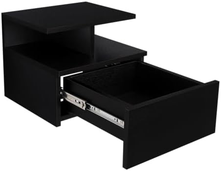Tuhome Adele Floating Nightstand, Wall-Mounted Bedside Table with 1 Drawer and 2 Open Shelves, 11.6" H x 14" W x 13.2" D Small Night Stand for Compact Bedrooms, Engineered Wood