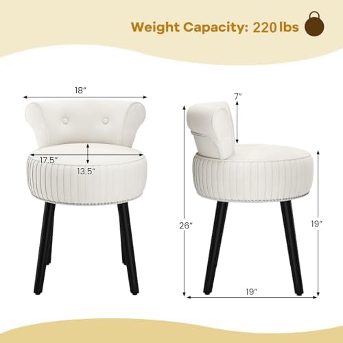 CHARMAID Velvet Vanity Chair for Bedroom, Elegant Accent Chair with Tufted Low Back, Solid Wood Legs, Upholstered Seat, Modern Makeup Stool for Dressing Room, Home Office (Beige & Black)