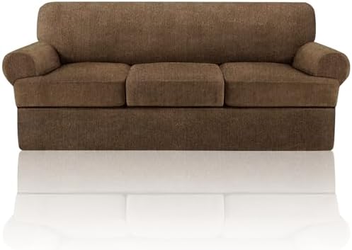4 Piece T Cushion Sofa Slipcovers Stretch Couch Slip Cover for 3 Cushion Couch Sofa, Machine Washable for Living Room (Chocolate, 3 Cushions)
