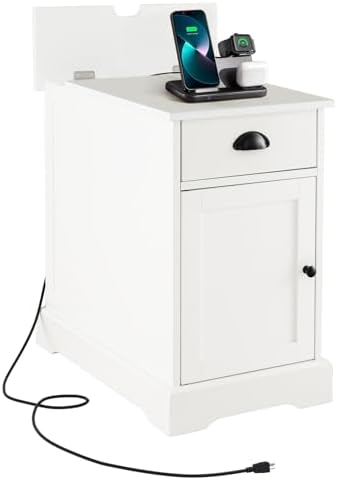 GIANTEX Nightstand with Charging Station, Flip Top End Table w/USB Ports & Outlets, Side Table w/Storage Drawer, Magazine Rack, Adjustable Shelf, Narrow Bedside Table for Small Space, White