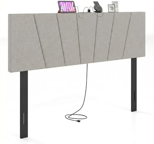 GIANTEX Headboard with Charging Station, Queen/Full Size Tufted Upholstered Head Board w/2 AC Outlets, USB & Type-C Ports, Rubber Wood Legs, Width Adjustable Modern Bed Headboard Only (Grey)