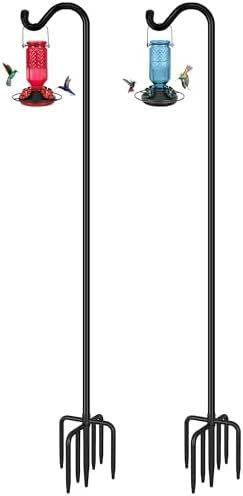 FEED GARDEN Adjustable Shepherd Hook Bird Feeder Pole with 7 Prongs Base, 108 Inch Tall 5/8 Inch Thick, Heavy Duty Outdoor Garden Poles for Hanging Bird Feeders, Plant Baskets, Black (2 Pack)