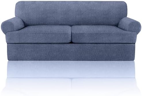 3 Pieces Sofa Covers fot T Cushion Loveseat Slipcover, Sofa Stretch Slip Covers for 2 Cushion Couch with 2 Individual T Shape Seat Covers (Blue Gray, 2 Cushion)