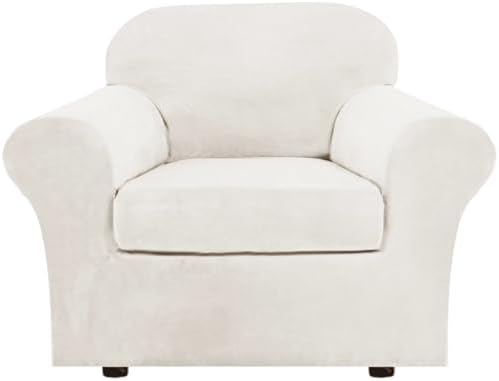 H.VERSAILTEX Rich Velvet Stretch 2 Piece Chair Cover Chair Slipcover Sofa Cover Furniture Protector Couch Soft with Elastic Bottom Chair Couch Cover Width Up to 49 Inch (Chair, Porcelain White)