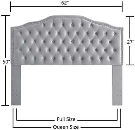 24KF Upholstered Button Tufted Queen/Full Size Headboard with Nailhead Trim, Soft Velvet Fabric Headboard - Gray