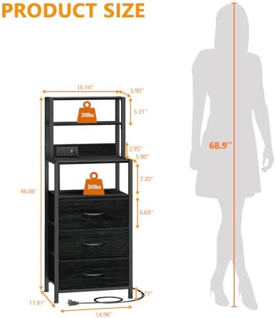 Furnulem Night Stand, Tall Nightstand with Charging Station for Bedroom