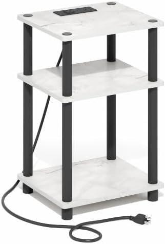 Furinno Just 3-Tier Night Stand with Charging Station, Light Marble