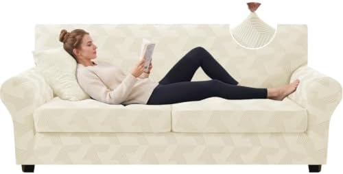 ZNSAYOTX 3 Piece Stretch Couch Covers (72"-90") New-Rectangle Texture, Thick Sofa Covers for 2 Cushion Couch Universal Sofa Slip Cover with Elastic Bottom & Buckle, Washable Protector Beige