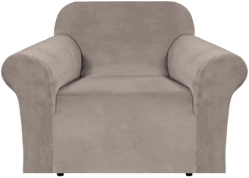 H.VERSAILTEX Stretch Velvet Armchair Cover Couch Covers 1 Cushion Chair Slipcover for Living Room Furniture Cover Crafted from Thick Comfy Rich Velour (Chair 31"-49", Taupe)