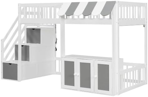 LUMISOL Twin Size Loft Bed with Storage Steps and Under Bed Cabinets, Playhouse Loft Bed Frame with LED Light, White+Gray