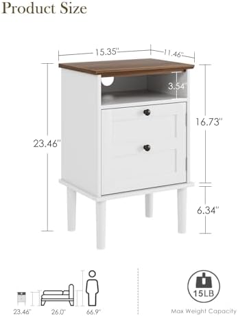 Nightstand, Boho Night Stand with 1 Drawer, Modern Side Accent Table with Open Shelf, Wooden Top Bedside End Table for Bedroom, Living Room, White