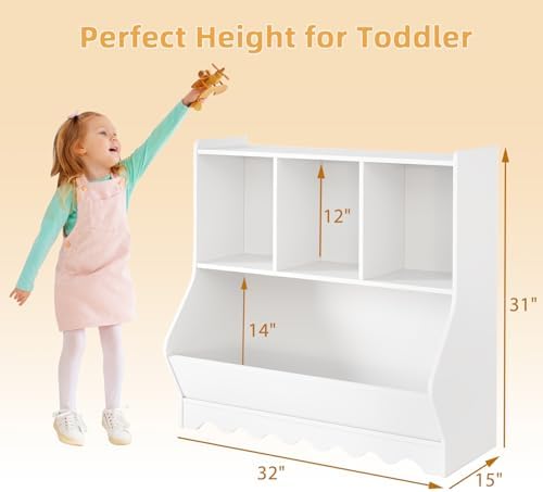Wood Kid Storage Cubby, Toy Storage Organizer with Bookshelf, 32" L x 15" D x 31" H Montessori Toy Shelf, Nursery Book Shelves, Wooden 4-Cubby Children Book Shelf for Playroom Classroom