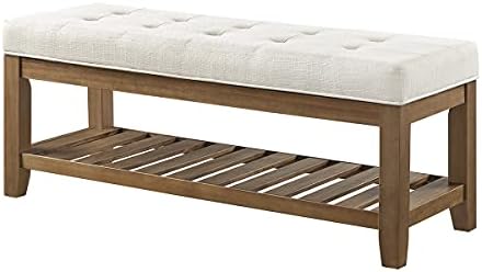 24KF Large Rectangular Upholstered Tufted Linen Ottoman Bench, Padded Bench with Solid Wood Shelf-Ivory