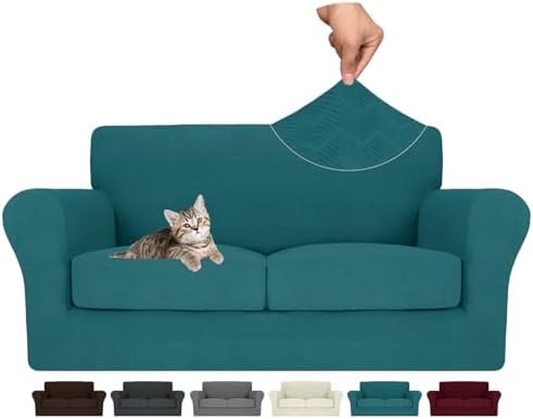 MAXIJIN 3 Piece Couch Covers for 2 Cushion Couch loveseat Cover, Stretch Love Seat Sofa Slipcovers for Dogs Pet, Thick Furniture Protector with 2 Seat Cushion (55"-69", Teal)