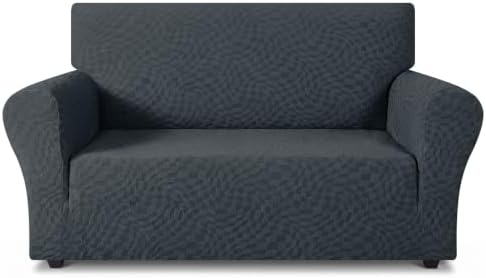 ZNSAYOTX 1 Piece Stretch Loveseat Covers for 2 Cushion Couch (55"-71"), New Plaid Couch Cover with Non-Slip Buckle for Dog Pets, Soft Cozy Washable Sofa Slipcover Form Fit Protector, Dark Grey