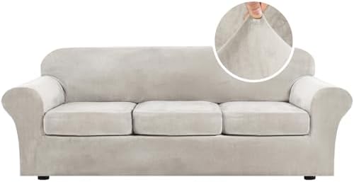 H.VERSAILTEX Velvet 4 Piece High Stretch Sofa Slipcover Cover Furniture Protector Form Fit Luxury Thick Velvet Extra Large Sofa Cover for 3 Cushion Couch Width Up to 105 Inch (XL Sofa, Oatmeal)