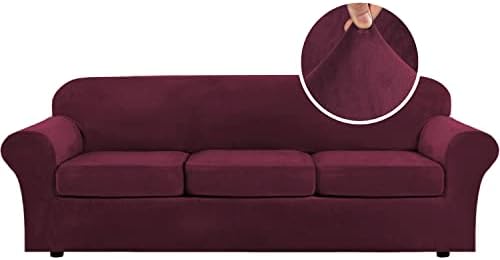 H.VERSAILTEX Velvet 4 Piece High Stretch Sofa Slipcover Cover Furniture Protector Form Fit Thick Velvet Extra Large Sofa Cover for 3 Cushion Couch Width Up to 105 Inch(XL Sofa, Wine/Burgundy)