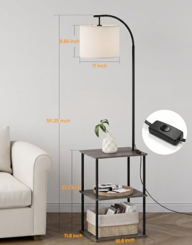 PARTPHONER Floor Lamp with Table, Night Stand with Lamp, Narrow Side Table with 3CCT LED Bulb, Small Coffee Table, Modern End Table with Storage Shelves for Living Room Bedroom, Oak Gray