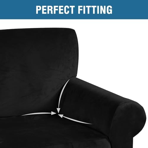 H.VERSAILTEX Stretch Velvet Sofa Covers for 3 Cushion Couch Covers Furniture Protector Soft with Non Slip Elastic Bottom, Crafted from Thick Comfy Rich Velour (Large Sofa 90"-97", Black)