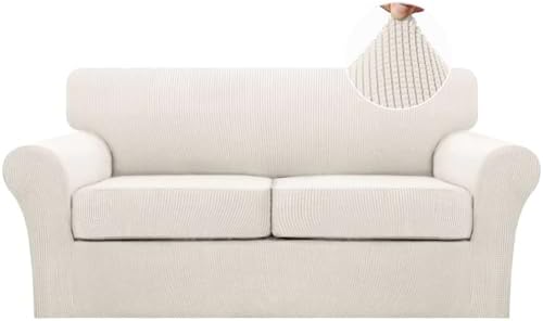 Turquoize 3 Piece Sofa Covers For 2 Cushion Couch Sofa Slipcover Soft Couch Cover For Dogs-Washable Sofa Furniture Covers With 2 Individual Cushion Covers, Feature Thick Fabric (2 Cushion Sofa, Ivory)