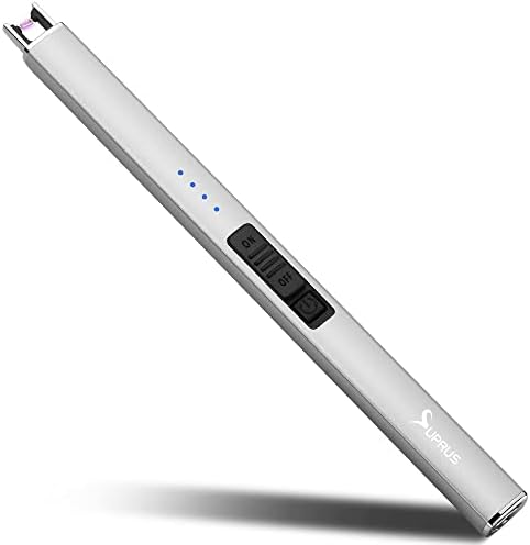 SUPRUS Electric Lighter Arc Windproof Flameless USB Rechargeable Lighter with Safety Lock for Candle BBQ Camping (Silver)