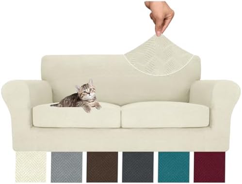 MAXIJIN 3 Piece Couch Covers for 2 Cushion Couch Sofa Cover, Stretch Loveseat Sofa Slipcovers for Sofas with 2 Large Cushions, Thick Dogs Pet Furniture Covers (71"-91", Beige)