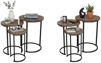 Lavish Home Round Nesting Tables Set of 6, Woodgrain-Look Top, Gray-Brown