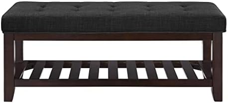 24KF Large Rectangular Upholstered Tufted Linen Ottoman Bench, Padded Bench with Solid Wood Shelf-Dark Gray
