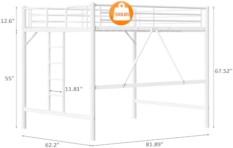 VINGLI Queen Loft Bed with Flat Rungs for Adults, Kids and Young Teens, No Box Spring Required,Heavy Duty Metal Slat Support, White