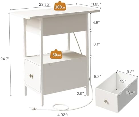 SOOWERY End Table with Charging Station, Narrow Side Table for Living Room