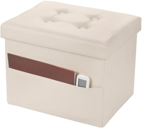 Bsketa Storage Ottoman Bench,17 Inch Folding Leather Foot Rest Stool, Beige