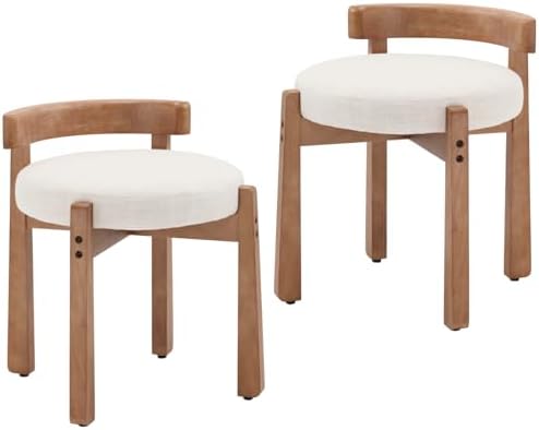 Ya-Home Modern Vanity Chair Upholstered Small Ottoman Footstool, Make Up Stool Linen Fabric with Backrest Wooden Frame for Living Room Bedrooms, 2PCS, Beige