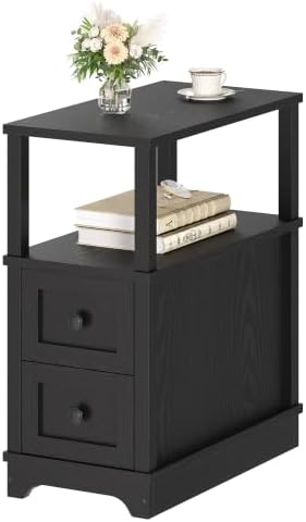 Farmhouse Slim Side Table with 2 Drawers, Wood Black End Table,