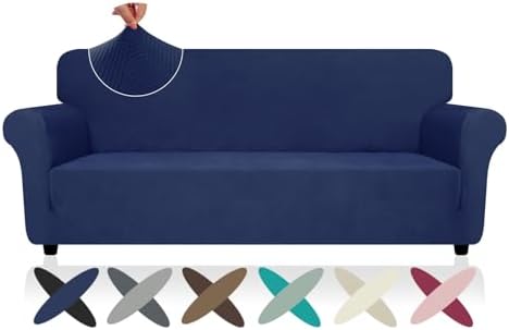ZNSAYOTX Super Stretch Couch Cover (72"-92"), New Striped Sofa Covers Fitted Slipcovers with Elastic Bottom, Dog Cat Pets Proof Spandex Fabric Comfortable & Durable (Navy Blue, Sofa)