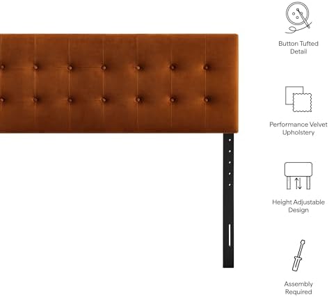 Modway Emily Queen Size Performance Velvet Headboard in Rust - Stain-Resistant Velvet Upholstery with Button Tufting and 7 Adjustable Height Positions