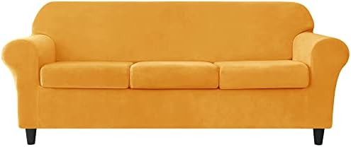 OBCREAT 4 Pieces Sofa Slipcover Stretch Velvet Sofa Covers for 3 Cushion Couch Soft Couch Cover with Elastic Bottom Non Slip Furniture Protector for Pets Kids (Gold, Large)