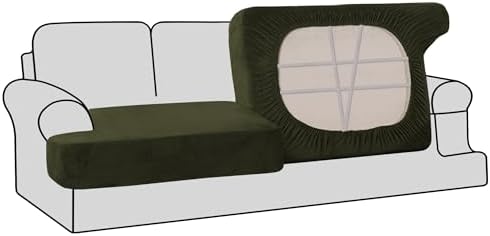 H.VERSAILTEX Stretch Velvet 2 Piece T Cushion Sofa Slipcovers for Living Room Individually Sofa Covers for 2 Cushion Seat Cushion Covers (Sofa, Olive)