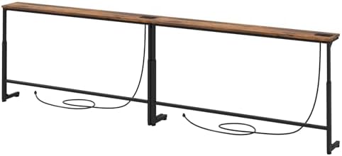 Kitstorack 94.5" Extra-Long Behind Couch Table, Height Adjustable Narrow Console Table with 2 Power Strips, Anti-Tip Wall Screws, Rustic Brown Finish, Split Design for Flexible Use