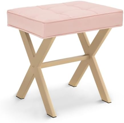 LUE BONA Vanity Stool, Square Linen Makeup Stool with Metal X Legs, Small Ottoman Stool Chair for Vanity, Modern Padded Vanity Seat Foot Rest Stool for Makeup Room, Bathroom, Pink Color